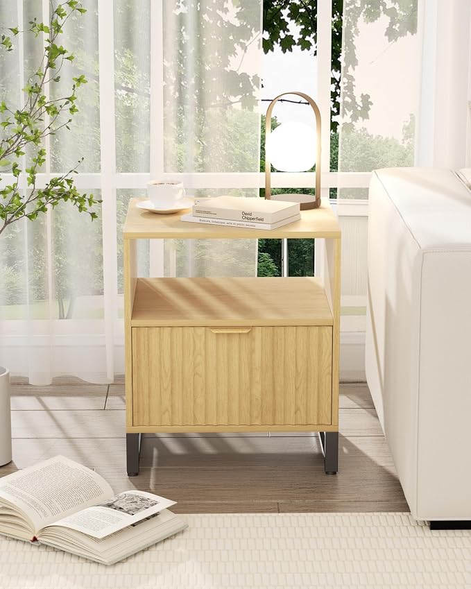 Fluted Night Stand Set 2 with Charging Station, Wood Nightstand with Large Drawer and Open Storage Cabinet, Mid-Century Modern Bedside Table End Table for Bedroom Closet Office - Image 2