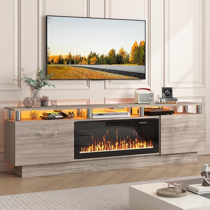 PUKAMI 70" Fireplace TV Stand with 36" Electric Fireplace, LED Light Entertainment Center with Storage, 2 Tier Modern Wood Media TV Console with Highlight Cabinet for Living Room, Grey by PUKAMI