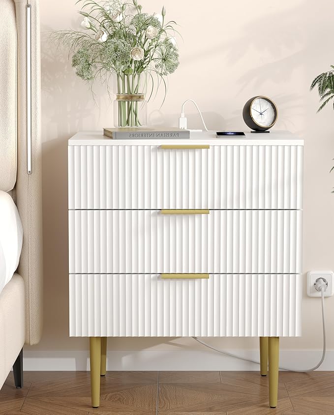 Akxomel 3 Drawer Nightstand with Charging Station, 23.2" W Large Fluted Night Stand, Modern Bedside Table with USB Ports and Outlets, for Bedroom, White and Gold by Akxomel