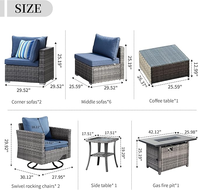 HOOOWOOO 13 Piece Patio Sectional Furniture Set with Fire Pit Table,Modern Wicker Outdoor Conversation Sofa Sets,All Weather Modular L Shaped Outside Couch Swivel Chair Set(Denime Blue)