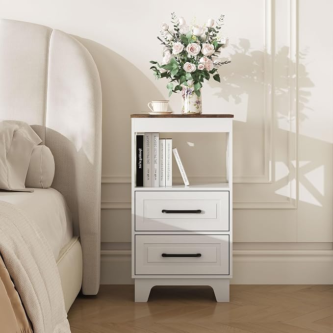 Tall Nightstand Set of 2 Side Table with 2 Drawers Modern Night Stand Wooden Rustic End Table Bedside Table with Below Open Shelf Solid Feet for Bedroom White+Walnut - Image 8