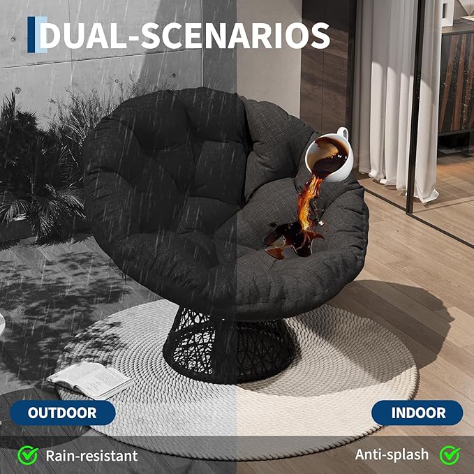 Garvee Papasan Chair, 37" Ergonomic Wicker Papasan Chair with Extra-Thick Soft Fabric Cushion, Heavy-Duty Steel Frame, 360° Swivel Base for Living Room, Bedroom & Reading Nook – All Black