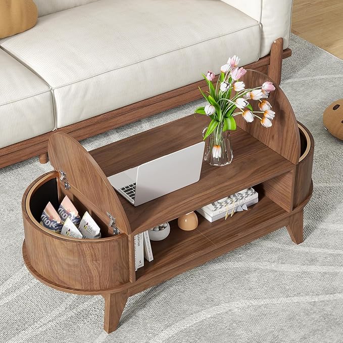 46.45'' Oval Coffee Tables for Living Room, Mid Century Modern Coffee Table with Storage, Wood Fluted Accent Center Table with Flip-Top Lids for Home,Office(Walnut)