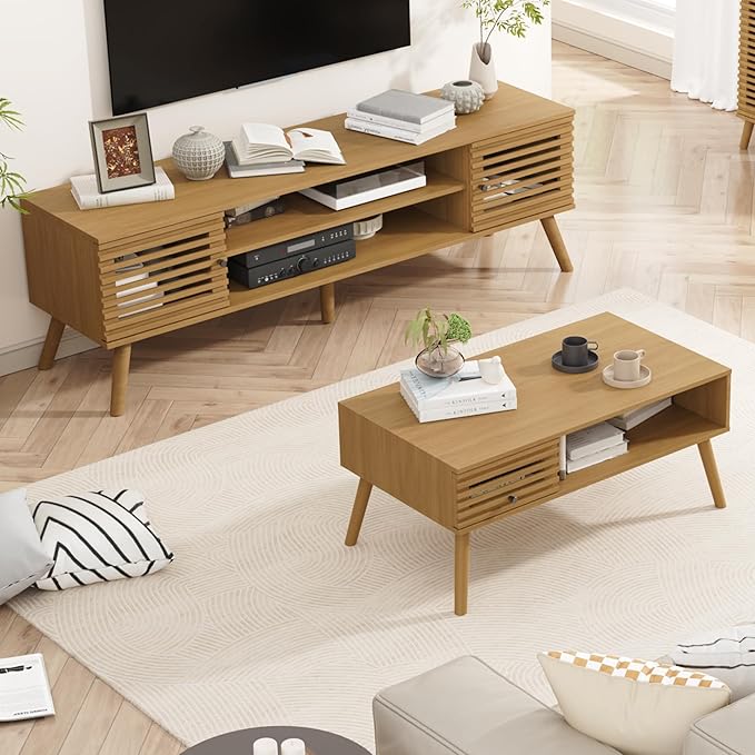 Mid Century Modern Coffee Table, CoffeeTable with Storage, Living Room Center Table with Slatted Panel Drawer, Fluted Wood Coffee Table with Open Shelf for Living Room, Oak