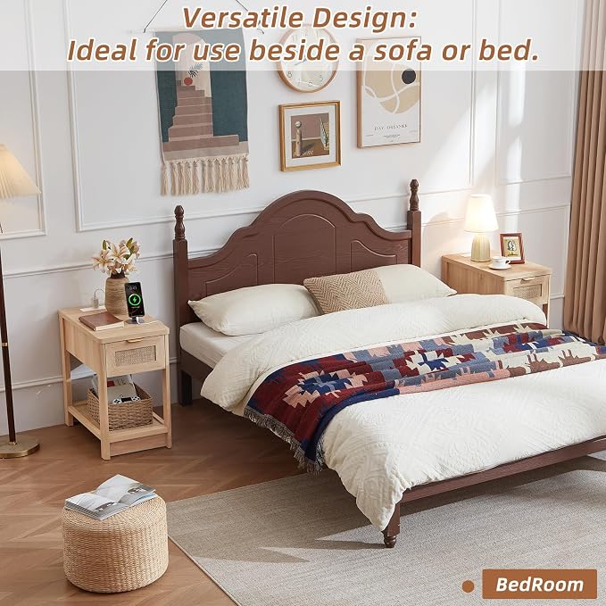 Lerliuo Rattan Night Stand Set of 2, Narrow Nightstand with Charger Station, Boho Bed Side End Table with Drawer Rattan Shelf for Small Spaces, Natural Wood Bedside Tables for Living Room Bedroom - Image 6