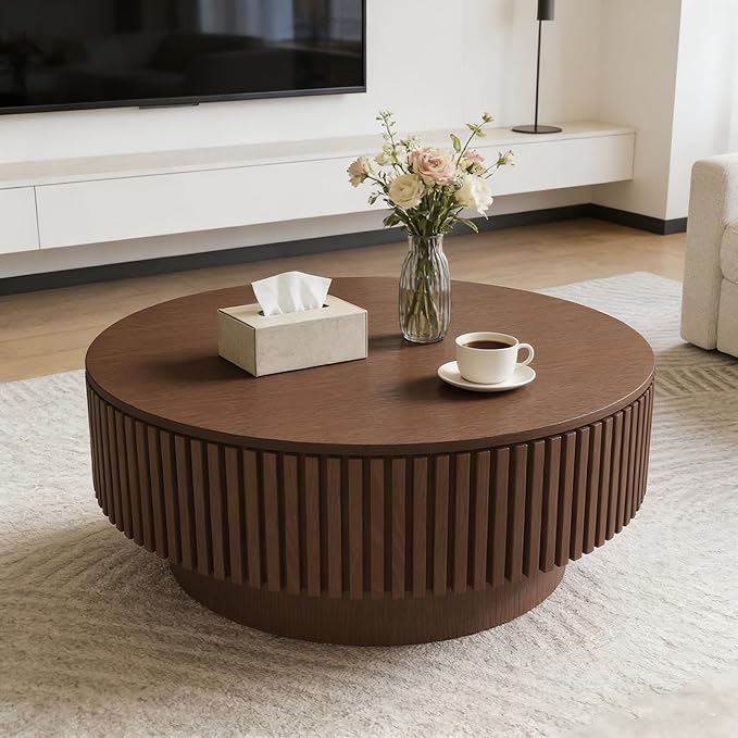 Round Coffee Table with Storage, Modern Fluted Wood Coffee Tables with Sturdy Base, 31.5" Drum Circle Center Tea Table for Living Room Apartment, Easy Assemble - Walnut