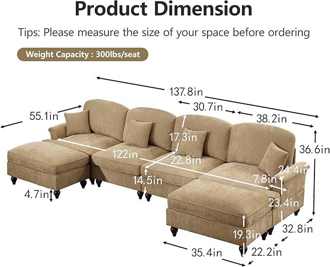 KEIKI Mid Century Modular Sofa with Flared Arms and Skirted Design, 137“ Oversized 4-Seater with 2 Ottomans Luxury Chenille U-Shaped Sectional Couches for Living Room, Chaise Lounge, Light Coffee
