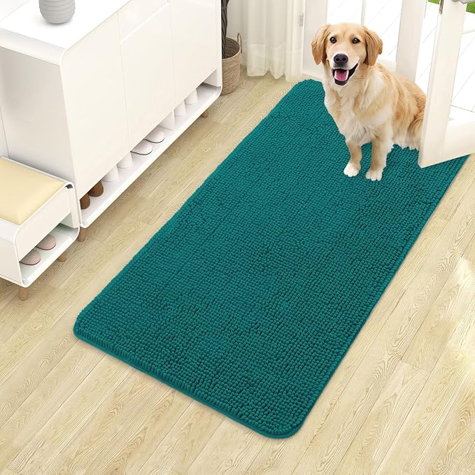 OLANLY Dog Door Mat for Muddy Paws 40x24, Absorbs Moisture and Dirt, Absorbent Non-Slip Washable Doormat, Quick Dry Chenille Mud Mat for Dogs, Entry Indoor Entryway Carpet for Inside Floor, Lake Blue by OLANLY