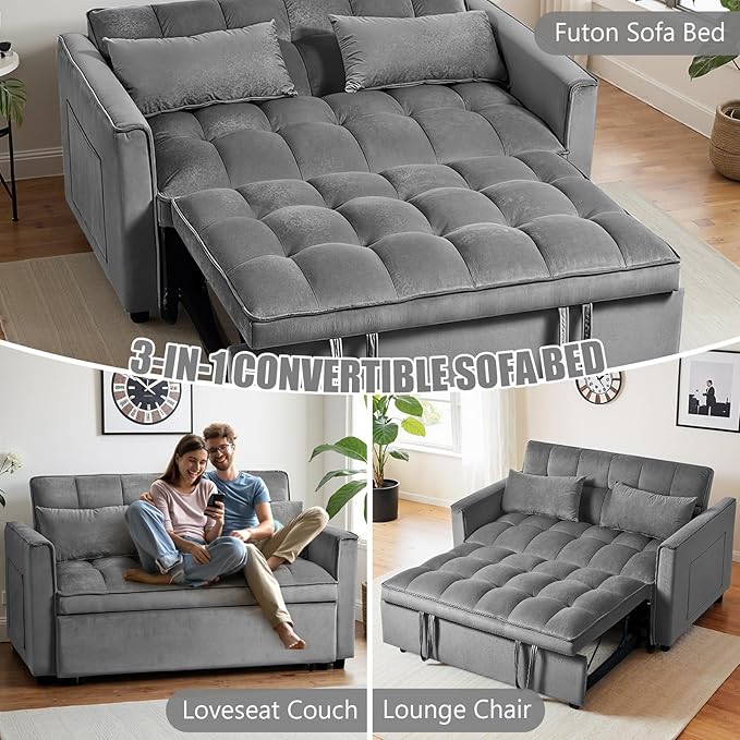 3 in 1 Sleeper Sofa Bed, Pull Out Couch, Convertible Futon Loveseat with krest, Dinotefuran Living Room Chaise Lounr Home Apartment Office, Dark Grey
