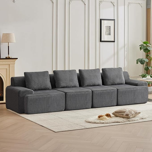 Modular Sectional Sofa with Movable Ottoman, 4 Seat Deep Seat Couch with 4 Pillows, Comfy Cloud Sectional Sofa for Living Room, Bedroom and Apartment (Grey, 1 Left+1 Right+2 Middle)
