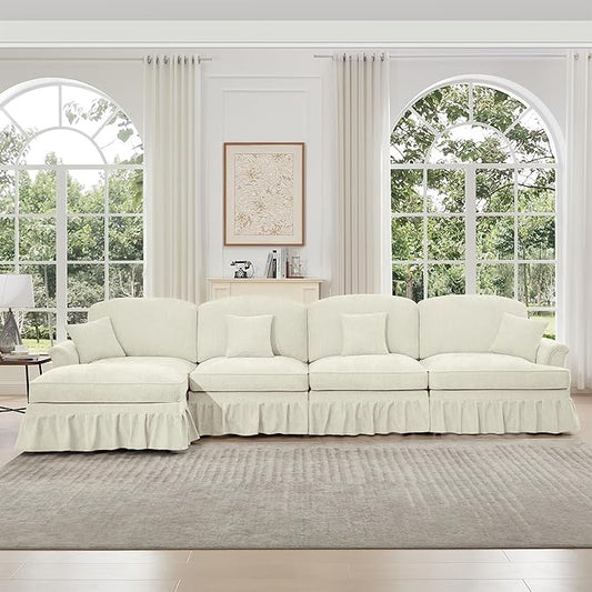 KEIKI Mid Century Modular Sofa with Flared Arms and Skirted Design, 137“ Oversized 4-Seater Luxury with Ottoman Chenille L-Shaped Sectional Couches for Living Room, Chaise Lounge Indoor, Beige White