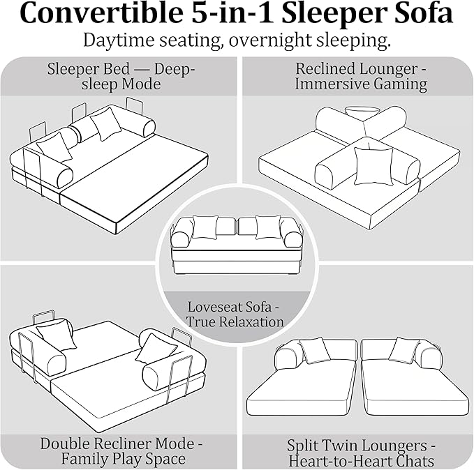 63'' Convertible Compressed Corduroy Folding Sofa Bed, Modern Modular Boneless Pull Out Loveseat Sleeper in a Box, 5 in 1 Floor Mattress Futon Couch, No Assembly Needed, Yellow, 2 Pillows, Queen
