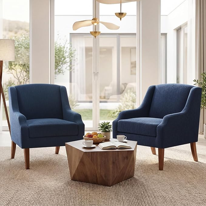 Accent Chair for Living Room Set of 2,No Assembly Upholstered Mid Century Modern Comfy Tufted Armchairs with Wooden Legs,Sofa Chairs for Bedroom, Reading Waiting Room Apartment Dark Blue