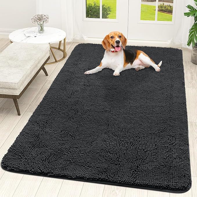 OLANLY Dog Door Mat for Muddy Paws 59x35, Absorbs Moisture and Dirt, Absorbent Non-Slip Washable Doormat, Quick Dry Chenille Mud Mat for Dogs, Entry Indoor Entryway Carpet for Inside Floor, Dark Grey by OLANLY