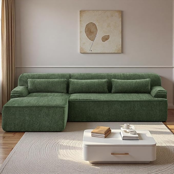 L-Shaped Sectional Sofa, Luxury Upholstered Chenille 3-Seater Sofa with Left Chaise Lounge & 3 Lumbar Pillows, Modern Comfy Oversized Couch with Side Pocket for Living Room, Apartment, Green