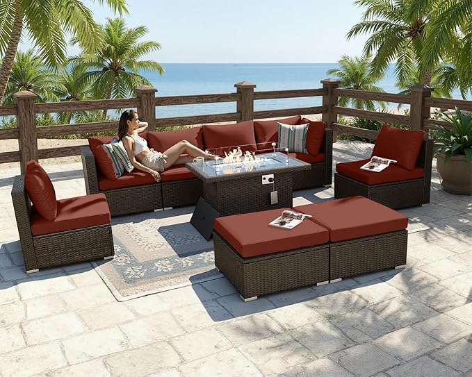 BULEXYARD 9 Piece Highback Patio Furniture Set with Fire Pit Table, Modern Modular Outdoor Sectional Couch Sofa with Ottoman, 8-Person Backyard Seating for Outside, Deck, Brown Wicker & Red Cushion