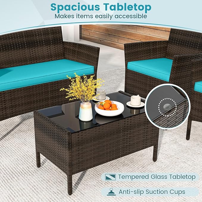 DORTALA Wicker Patio Furniture Set 4 Piece, Outdoor PE Rattan Table & Chairs Set with Tempered Glass Coffee Table, Loveseat, Cushions, Conversation Set for Balcony, Porch, Backyard, Deck, Turquoise