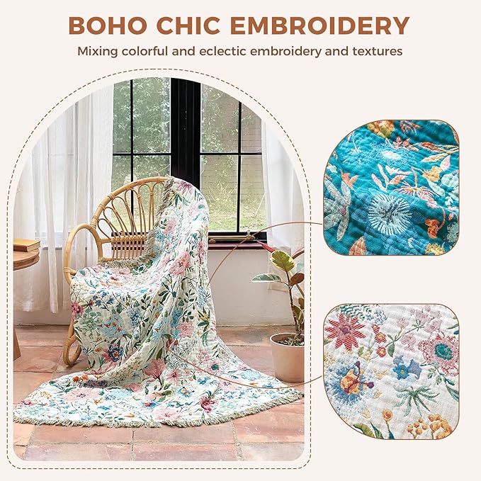 LUTBM Boho Throw Blanket for Couch Sofa Chair Cotton Spring Blankets for Bedroom Living Room All Season Lightweight Reversible Floral Embroidery Throws 50"x60"