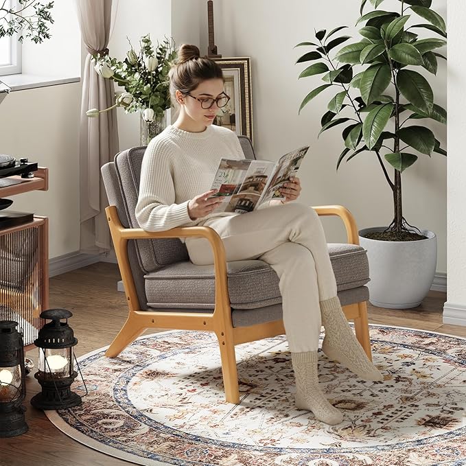 MALOL Accent Chair with Solid Wood Frame, Mid-Century Relaxing Armchair Lumbar Pillow& Soft Cushion, Reading Leisure Chair for Living Room, Bedroom, Waiting Room-Grey