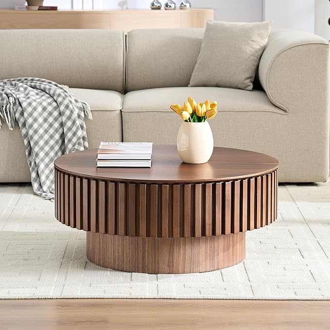 WILLIAMSPACE 31.49" Round Coffee Table with Storage for Living Room, Modern Circle Center Table with Solid Wood Veneered & Sturdy Pedestal, Accent End Tea Table for Apartment - Walnut