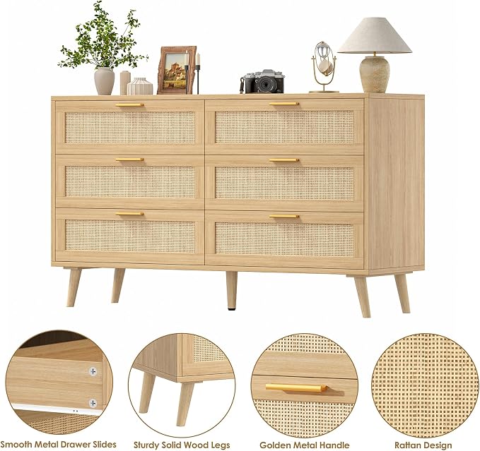 Rovaurx Rattan 6 Drawer Double Dresser for Bedroom, 47.2" Wide Boho Chest of Drawers, Modern Wooden Dresser Chest with Golden Handles, Beside Table for Closet, Living Room and Entryway, Natural Oak - Image 11