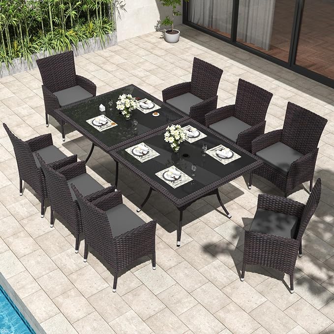 ALAULM 10 Piece Patio Dining Set All-Weather Wicker Outdoor Patio Furniture Set w/Tempered Glass Tabletop, Removable Cushions and Umbrella Hole for Patio, Backyard, Garden, Poolside (Grey) - Image 2