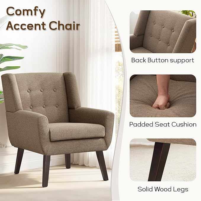 HUIMO Accent Chairs for Living Room,Linen Button-Tufted Upholstered Armchair with Wooden Legs,Comfy Mid Century Modern Chair for Bedroom Apartment Waiting Room Brown