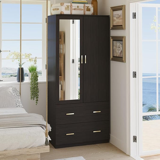 AIEGLE 2 Doors Wardrobe Armoire with Mirror, Mirrored Armoire Wardrobe Closet with 2 Drawers, Shelves & Hanging Rod, Bedroom Wooden Clothes Organizer, Dark Brown (31.5" W x 18.9" D x 72" H)