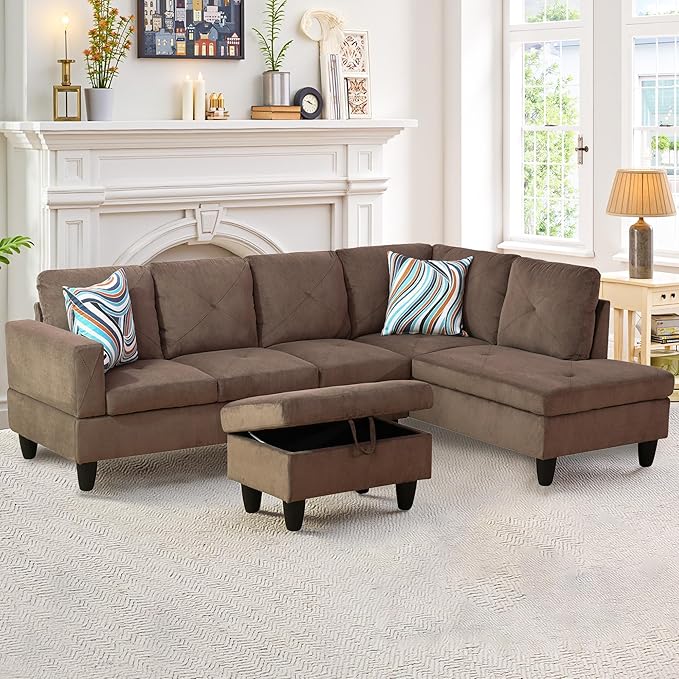 NicBex Modular L-Shaped Sectional Couches, 3-Piece Convertible Couch with Storage Ottoman, 4-Seat Comfy Sofa with Chaise for Living Room & Apartment, Brown