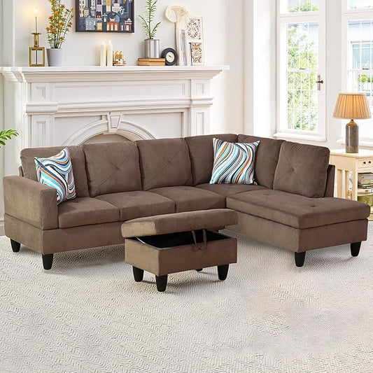 NicBex Modular L-Shaped Sectional Couches, 3-Piece Convertible Couch with Storage Ottoman, 4-Seat Comfy Sofa with Chaise for Living Room & Apartment, Brown