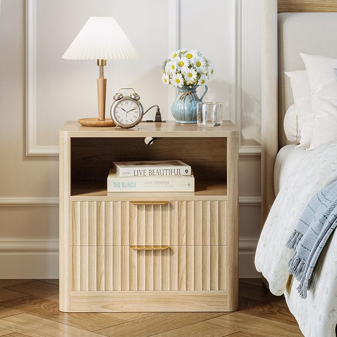 IRONCK Fluted Night Stand Set of 2, Modern Nightstand with Charging Station, Drawers and Open Shelves - Bedside Table Wood Side Table Set for Bedroom, Oak - Image 5