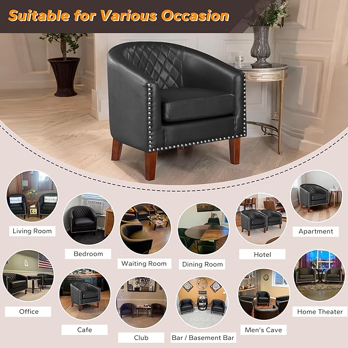 Prilinex Comfy Barrel Accent Chair - Faux Leather Living Room Chair Club Chair with Cushion, Diamond Grid Backrest & Nailhead Trim, Guest Chair for Office, Bedroom & Waiting Room, Black