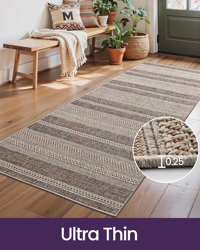 DEXI Hallway Runner Rug 3.3x12, Woven Braided Farmhouse Runner Carpet Indoor, Absorbent Thin Long Entryway Runners for Kitchen, Laundry Room, Patio Entrance, Striped Brown - Image 5