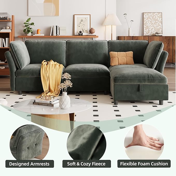 97" Modular L-Shaped Sectional Cloud Couch with Storage Ottoman - Velvet Deep Seating Sofa Set with Pillows, Convertible 3-Seater for Living Room, Apartment, Office (Olive Green)