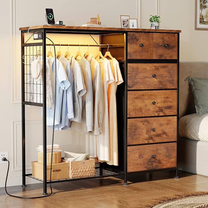 DUMOS Dresser for Bedroom with Hanging Rack, 6 Drawer Fabric Dresser with Charging Station and LED Lights, Closet Organizer & Storage Tower for Living Room, Entryway, Apartment, Rustic Brown - Image 2