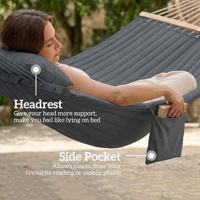 Outsunny Outdoor Hammock, 2-Person Hammock with Head Pillow and Pad, Wood Spreader Bars, 440 lbs Capacity, for Patio Yard Garden, 128" x 55", Gray - Image 6