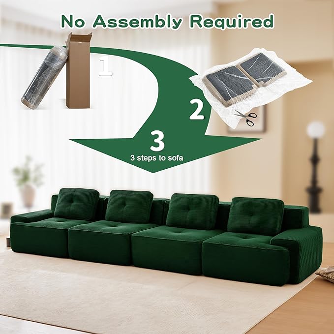 Casaphoria 150'' Green Corduroy Cloud Couch, 4-Seater Boneless Sectional Sofa with 4 Pillows for Living Room, Deep Seat Sofa, No Assembly Required