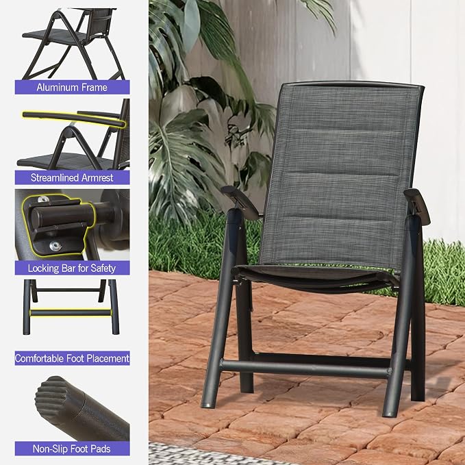 Domi Folding Patio Chairs Set of 2, Aluminium Frame Reclining Sling Lawn Chairs with Adjustable High Backrest, Patio Dining Chairs for Outdoor,Porch,Balcony (Double-Layered Textilene Fabric) - Image 7