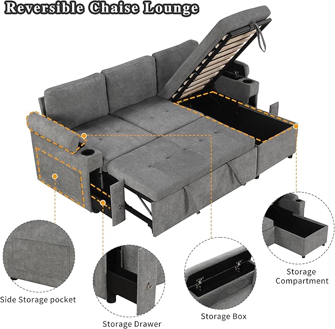 Eafurn 83.5" Sleeper Sectional Sofa with Pull Out Couch Bed, Convertible L-Shaped Sofa with Storage Chaise, Quick Assemble Sleeper Corner Sofa with Cup Holders & USB Ports