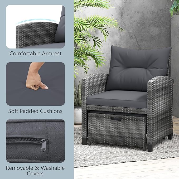 ORALNER 5 Pieces Patio Furniture Set with Ottoman, Wicker Conversation Set w/Cushions, Glass Coffee Table, Outdoor Lounger Rattan Chairs Bistro Set for Porch Balcony Garden Deck Poolside (Grey)