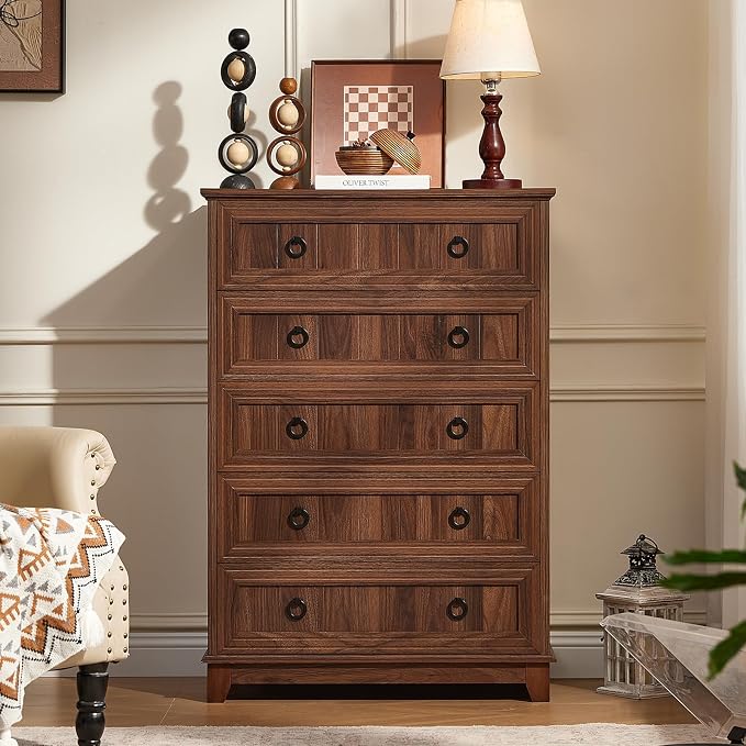 Joaxswe Farmhouse 5 Drawer Dresser for Bedroom Set of 2, 42" Tall Small Dressers & Chest of Drawers, Rustic Wood Dresser with Metal Handle, Storage Organizer Closet for Living Room, Hallway,Entryway - Image 7