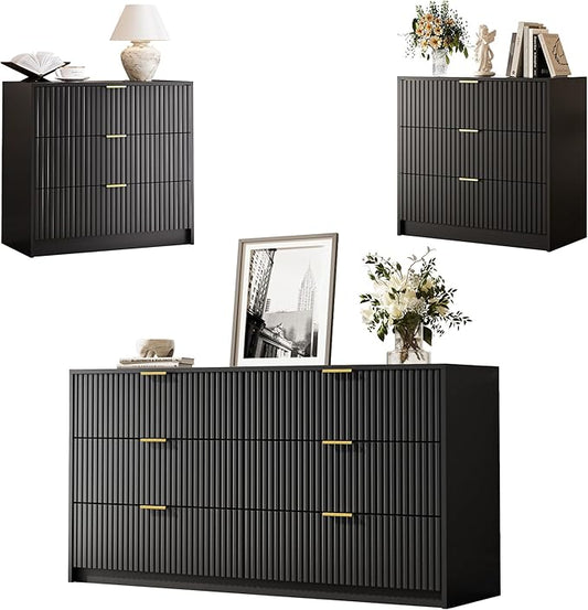 MAISONARIA 3-Piece Dresser Bedroom Set, 6 Drawer Dresser & 3 Drawer Nightstands with Gold Handles, Fluted Wood Chest of Drawers for Bedroom, Living Room, Entryway, Black