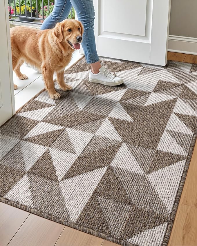 DEXI Front Door Mats for Entryway, 32x48 Non Slip Washable Low-Profile Entry Doormat, Absorbent Resist Dirt Inside Floor Entrance Mat, Patio, Brown/White by DEXI