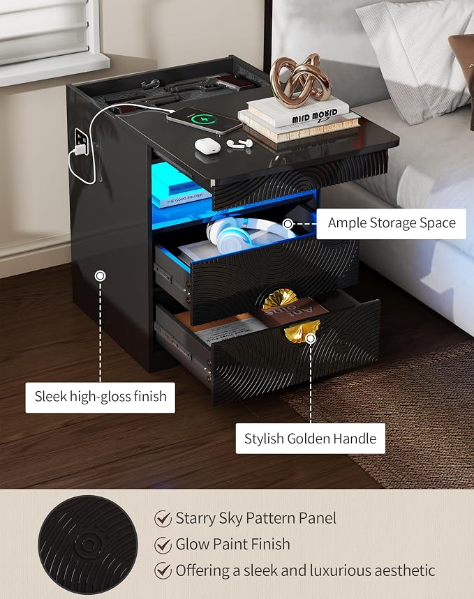 Modern Nightstand Set 2 with Gun Drawer, Bedside Table with 3-Color LED Lights & Human Sensor, Smart Night Stands with Charger Station, 2 Drawers End Table for Bedroom, Black - Image 7