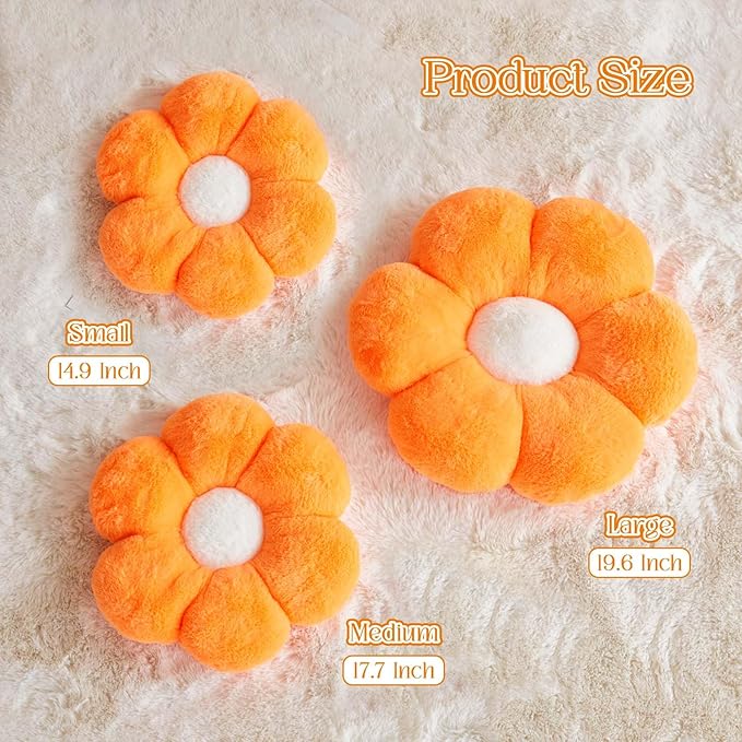 Kcvvcr Flower Pillow Cute Decorative Throw Pillow with Faux Rabbit Fur Soft Daisy Plush Floor Cushion Aesthetic Flower Shaped Pillow Home Decor for Bed Sofa Couch (Orange 14.9 Inch)