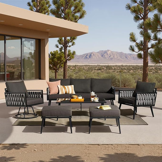 Weaxty Modern Patio Furniture Set 6 Piece, Rope Outdoor Patio Conversation Sets Sectional Sofa Swivel Chairs Table Ottoman, All Weather Metal Balcony Furniture for Backyard Garden, Black