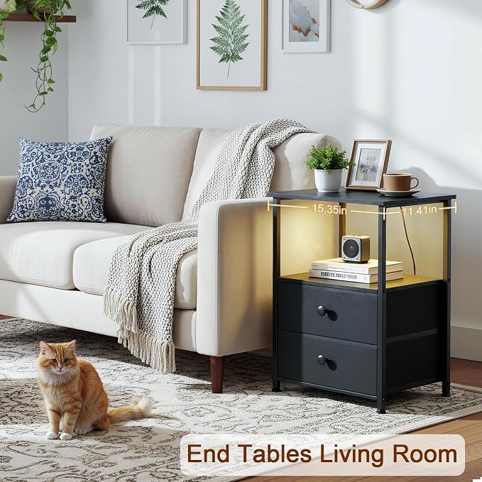 LOAKEKEL Night Stand Set 2, LED Nightstand with Charging Station, End Tables with Storage Shelf, Bed Side Table with 2 Fabric Drawers for Bedroom, Small Spaces, Black, HETS02BK - Image 6