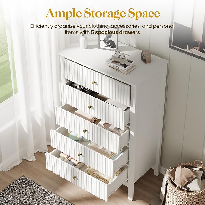 RoyalCraft White Fluted 5 Drawer Dresser for Bedroom, Tall Chest of Drawers, Waterproof Lacquered Desktop,Modern Wood Storage Cabinet for Living Room - Image 4
