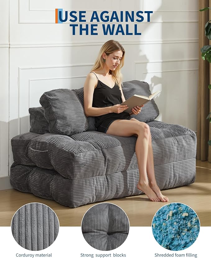 Folding Sofa Bed with Back Support, Convertible Sleeper Chair with Pilow Foldable Matress, Portable Fold Out Chair Bed Comfy Floor Sofa Lounge for Living Room Bedroom, Grey, Double