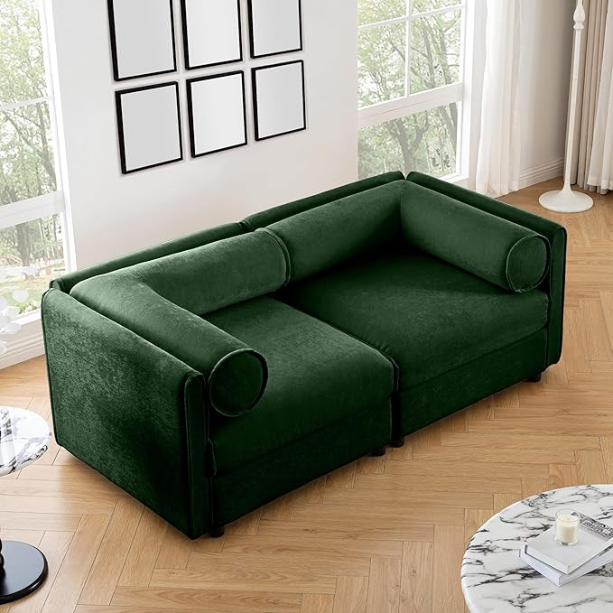 KEIKI 76" Oversized Modular Loveseat Chenille Sectional Sofa with Storage Seat, 2-Seater Couch with Cylindrical Backrest and Armrests, Easy Assembly, for Apartment, Living Room, Green